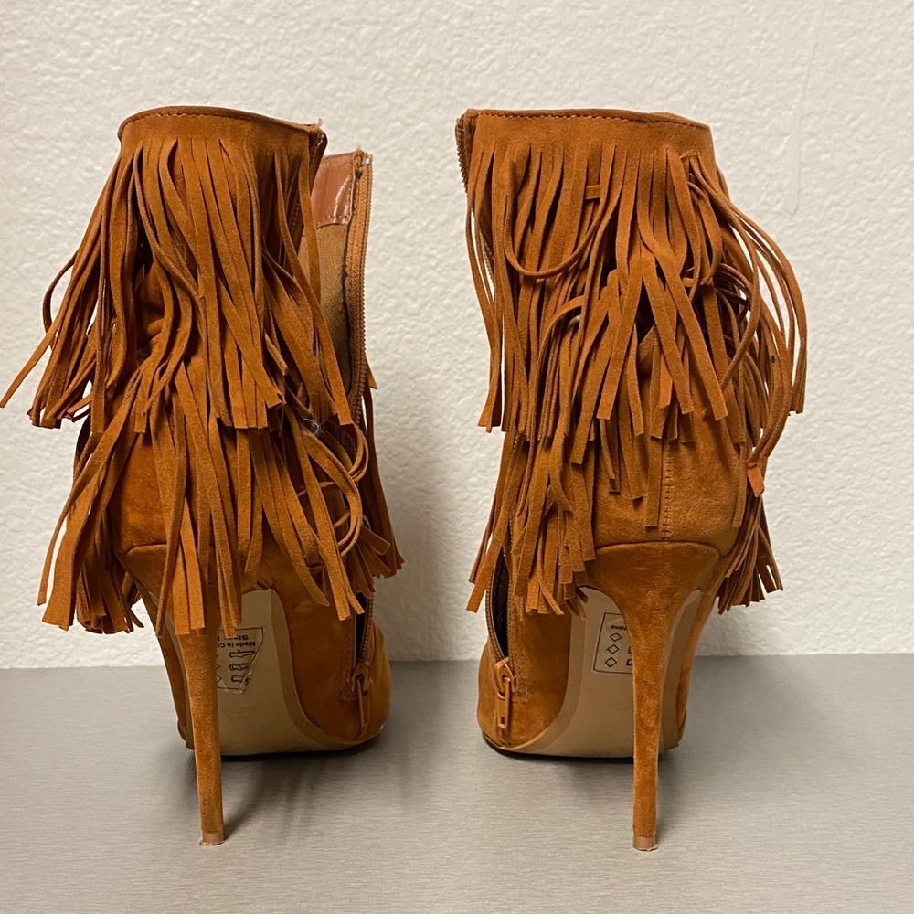 Fringed Tan High Heel Boots - Picture 2 of 4